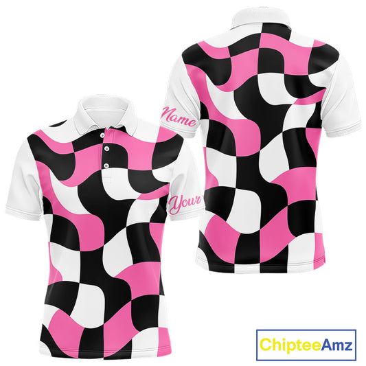 Mens Golf Polo Shirt Custom Pink Checkerboard Argyle Pattern Golf Attire For Men, Golf Gifts NHN0124