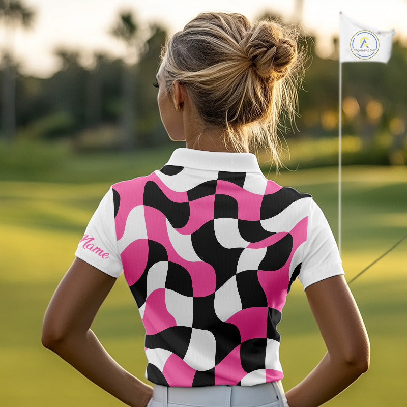 Womens Golf Polo Shirt Custom Pink Checkerboard Argyle Pattern Golf Attire For Ladies, Golf Gifts NHN0124