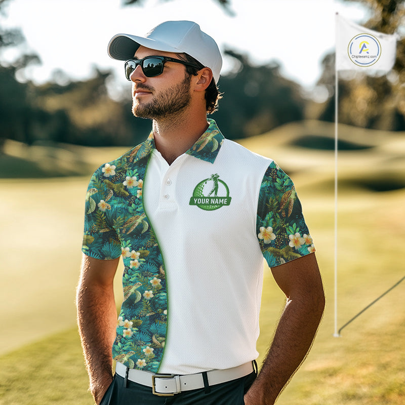 Funny Mens Golf Polo Shirt Custom Green Tropical Leaf Pattern Personalized Turtle Golf Shirts For Men NHN0003