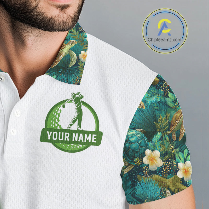 Funny Mens Golf Polo Shirt Custom Green Tropical Leaf Pattern Personalized Turtle Golf Shirts For Men NHN0003