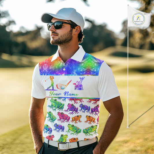 Funny Tie Dye Frog Pattern Mens Golf Polo Shirts Custom Watercolor Golf Attire For Men, Golf Gifts NHN0135