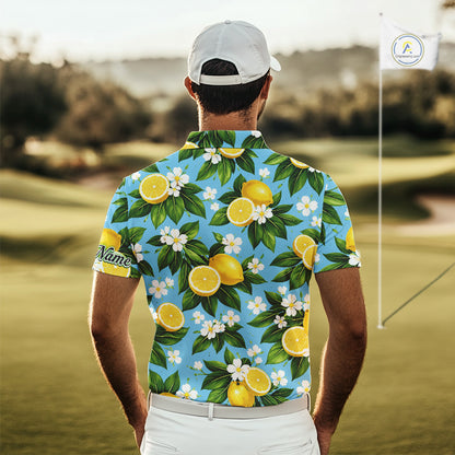 Funny Mens Golf Polo Shirts Custom Blue Lemon Tree Pattern Golf Top For Men, Golf Gifts NHN0142