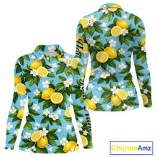 Load image into Gallery viewer, Funny Womens Long Sleeve Golf Polo Shirt Custom Blue Lemon Tree Pattern Golf Top, Golf Gifts NHN0142