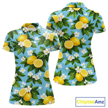 Funny Womens Golf Polo Shirts Custom Blue Lemon Tree Pattern Golf Top For Ladies, Golf Gifts NHN0142