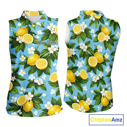 Funny Womens Sleeveless Golf Polo Shirt Custom Blue Lemon Tree Pattern Golf Top, Golf Gifts NHN0142