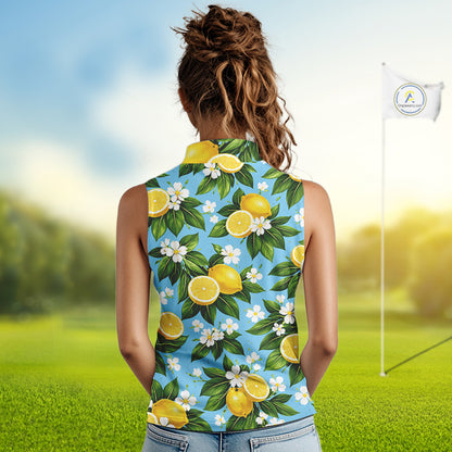 Funny Womens Sleeveless Golf Polo Shirt Custom Blue Lemon Tree Pattern Golf Top, Golf Gifts NHN0142