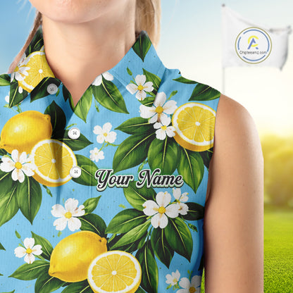 Funny Womens Sleeveless Golf Polo Shirt Custom Blue Lemon Tree Pattern Golf Top, Golf Gifts NHN0142