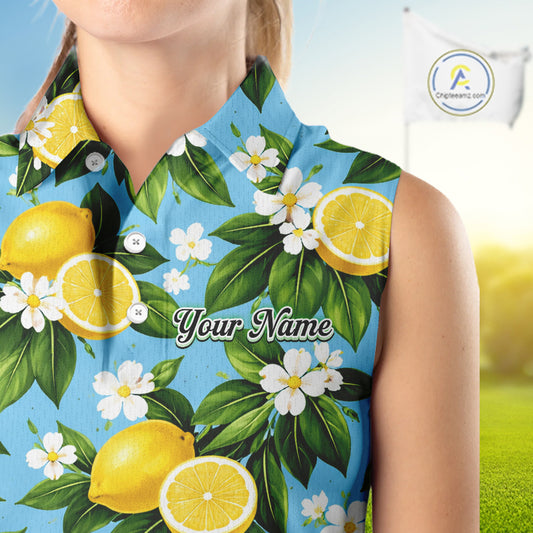 Funny Womens Sleeveless Golf Polo Shirt Custom Blue Lemon Tree Pattern Golf Top, Golf Gifts NHN0142