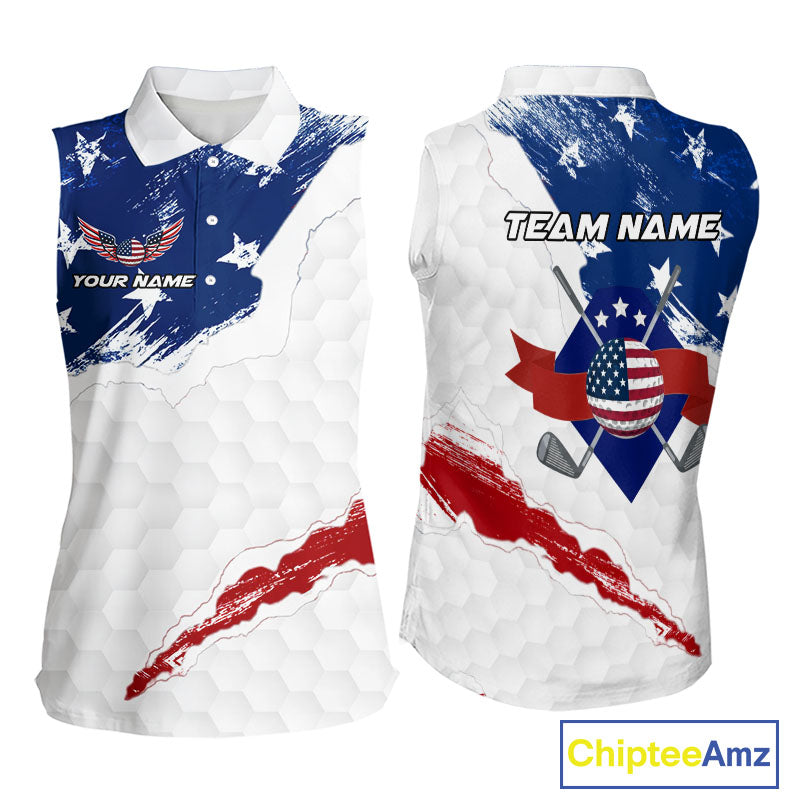 American Flag Womens Sleeveless Golf Polo Shirts Custom Name Patriotic Team Golf Shirt NHN0008