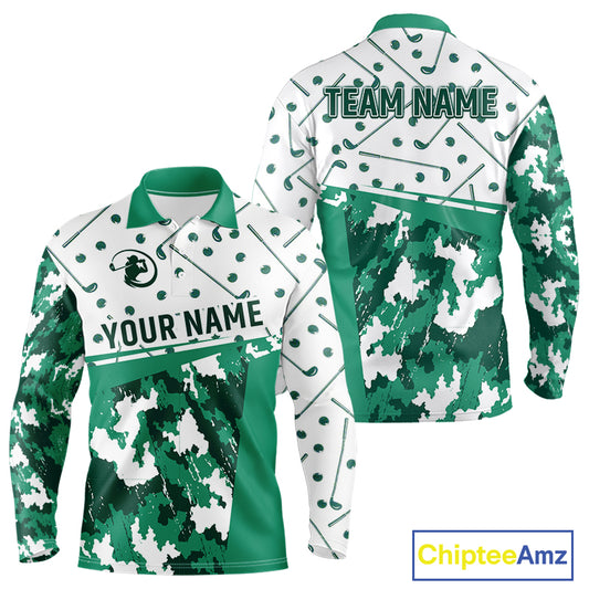 Green Golf Clubs Mens Long Sleeve Golf Polo Shirt Custom Camo Pattern Golf Shirts, Team Golf Top NHN0017