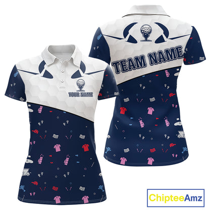 Womens Golf Polo Shirt Custom Name Funny Blue White Golf Ball Pattern Women Golf Wear Top For Team NHN0025
