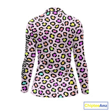 Load image into Gallery viewer, Womens Long Sleeve Golf Polo Shirt Custom Colorful Neon Rainbow Leopard Team Golf Shirt For Golf Lover NHN0154