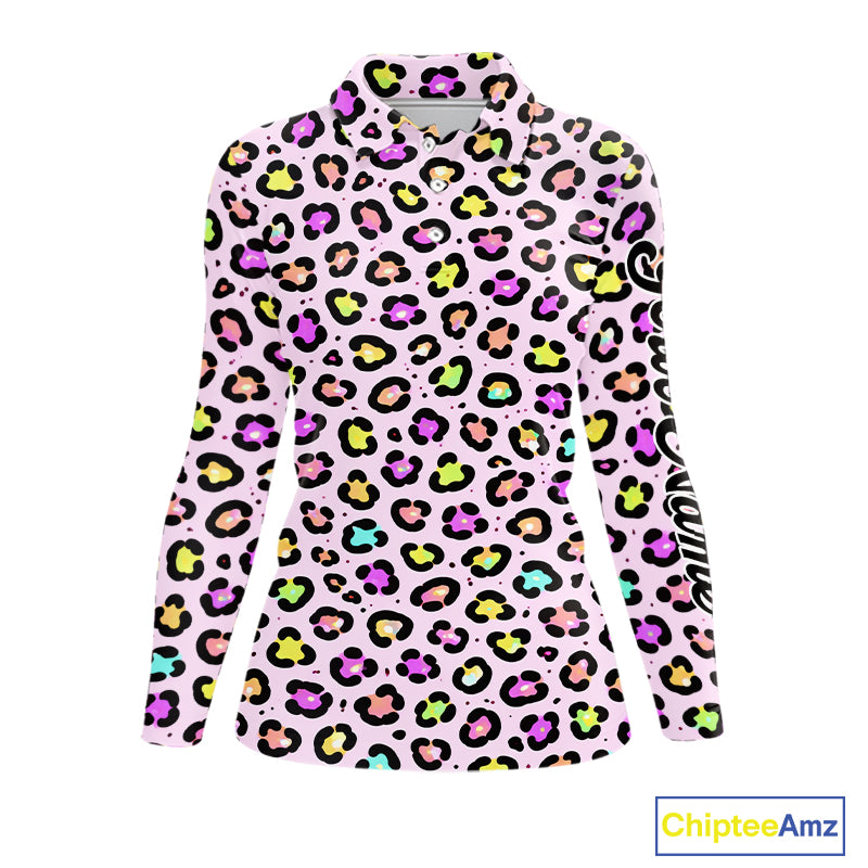Womens Long Sleeve Golf Polo Shirt Custom Colorful Neon Rainbow Leopard Team Golf Shirt For Golf Lover NHN0154