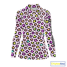 Load image into Gallery viewer, Womens Long Sleeve Golf Polo Shirt Custom Colorful Neon Rainbow Leopard Team Golf Shirt For Golf Lover NHN0154