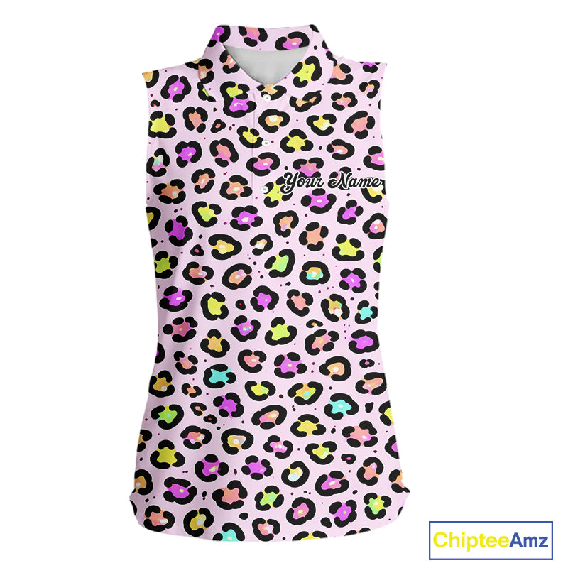 Womens Sleeveless Golf Polo Shirt Custom Colorful Neon Rainbow Leopard Team Golf Shirt For Golf Lovers NHN0154