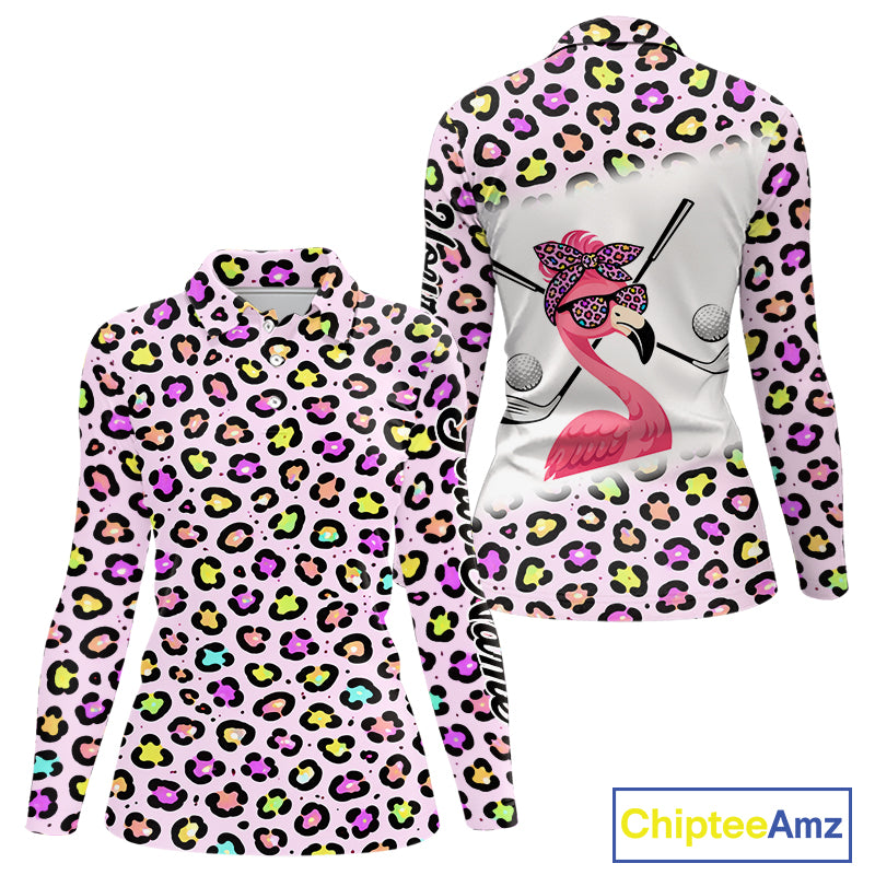 Funny Flamingo Womens Long Sleeve Golf Polo Shirt Custom Colorful Neon Rainbow Leopard Team Golf Polo NHN0155