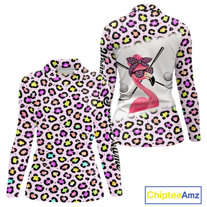 Funny Flamingo Womens Long Sleeve Golf Polo Shirt Custom Colorful Neon Rainbow Leopard Team Golf Polo NHN0155