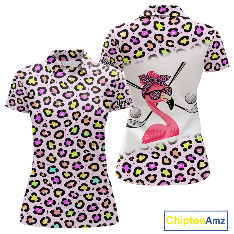 Funny Flamingo Womens Golf Polo Shirt Custom Colorful Neon Rainbow Leopard Pattern Team Golf Polo Gift NHN0155