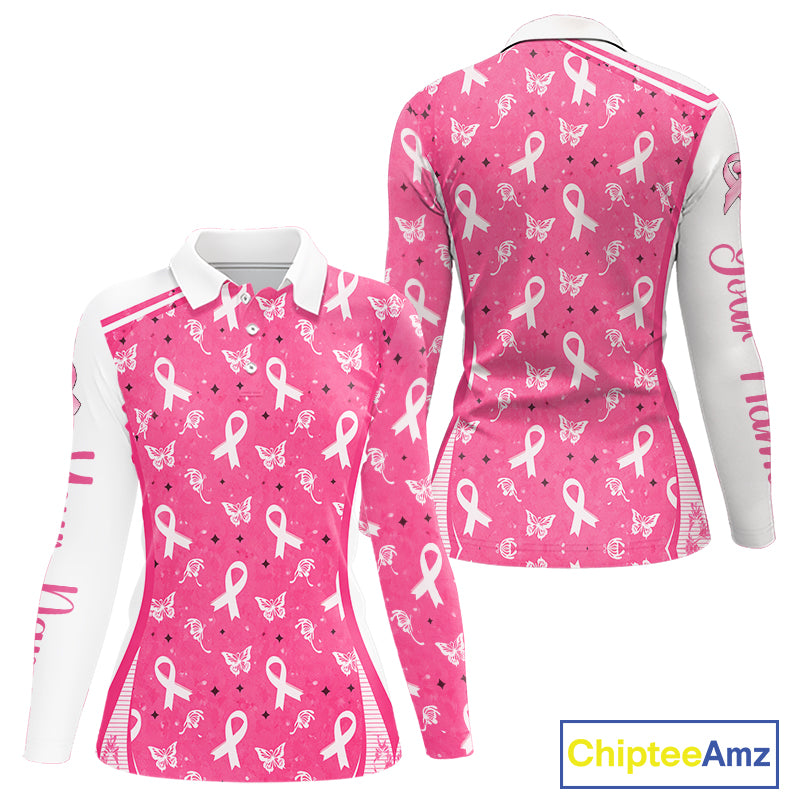 Pink Ribbon Womens Long Sleeve Golf Polo Shirt Custom Butterfly Breast Cancer Awareness Ladies Golf Top NHN0175