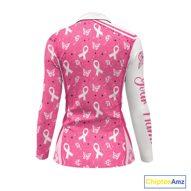 Pink Ribbon Womens Long Sleeve Golf Polo Shirt Custom Butterfly Breast Cancer Awareness Ladies Golf Top NHN0175