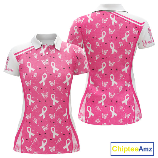 Pink Ribbon Womens Golf Polo Shirt Custom Butterfly Pattern Breast Cancer Awareness Ladies Golf Tops NHN0175