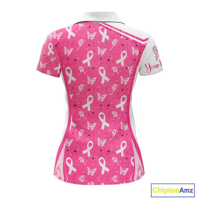 Pink Ribbon Womens Golf Polo Shirt Custom Butterfly Pattern Breast Cancer Awareness Ladies Golf Tops NHN0175