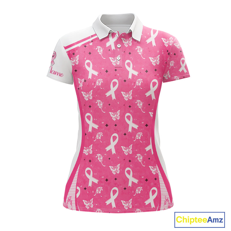 Pink Ribbon Womens Golf Polo Shirt Custom Butterfly Pattern Breast Cancer Awareness Ladies Golf Tops NHN0175