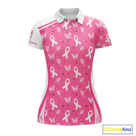 Pink Ribbon Womens Golf Polo Shirt Custom Butterfly Pattern Breast Cancer Awareness Ladies Golf Tops NHN0175