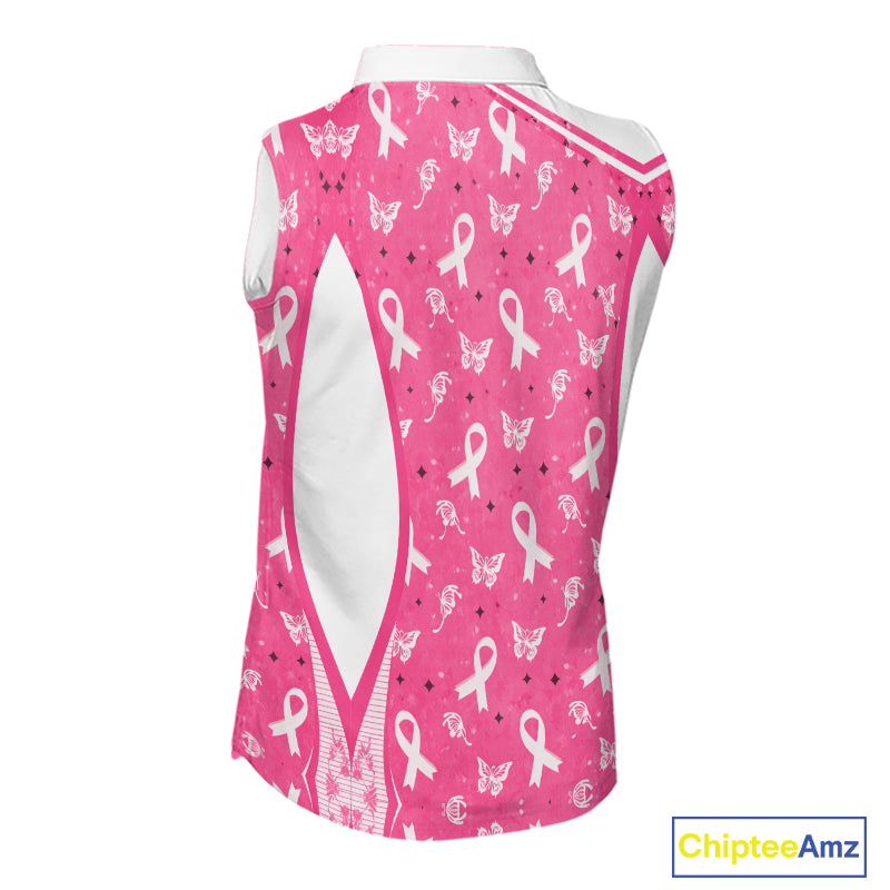 Pink Ribbon Womens Sleeveless Golf Polo Shirt Custom Butterfly Breast Cancer Awareness Ladies Golf Top NHN0175