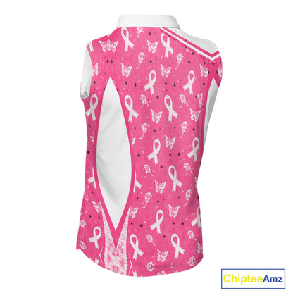 Pink Ribbon Womens Sleeveless Golf Polo Shirt Custom Butterfly Breast Cancer Awareness Ladies Golf Top NHN0175