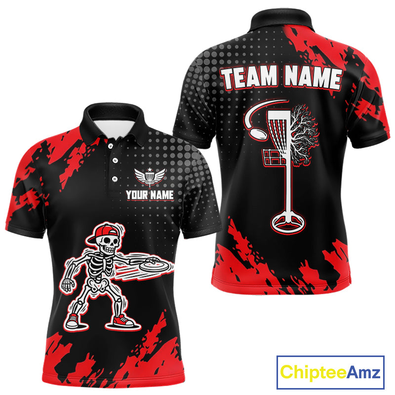 Skull Mens Disc Golf Polo Shirt Custom Name Black And Red Disc Golf Basket Personalized Golf Shirts NHN0049