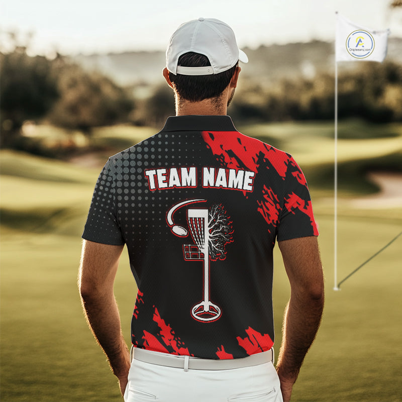Skull Mens Disc Golf Polo Shirt Custom Name Black And Red Disc Golf Basket Personalized Golf Shirts NHN0049