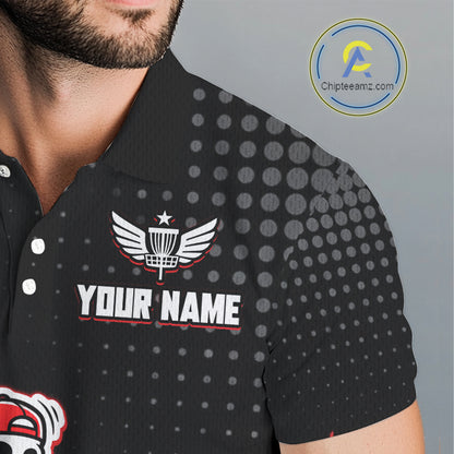 Skull Mens Disc Golf Polo Shirt Custom Name Black And Red Disc Golf Basket Personalized Golf Shirts NHN0049