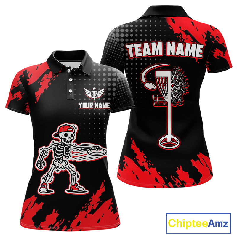 Skull Womens Disc Golf Polo Shirt Custom Name Black And Red Disc Golf Basket Personalized Golf Shirts NHN0049