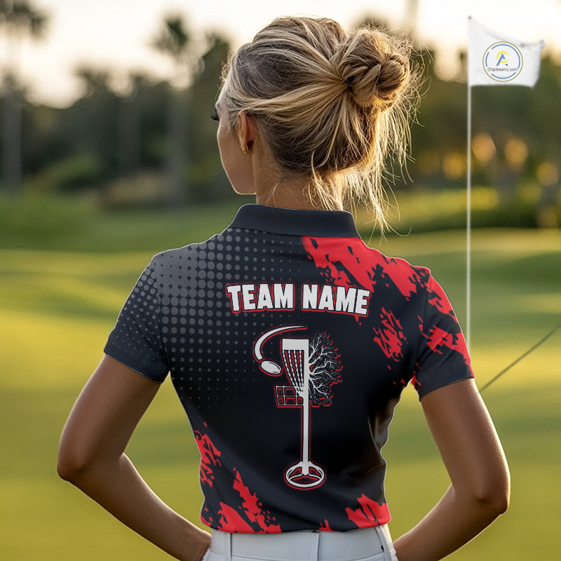 Skull Womens Disc Golf Polo Shirt Custom Name Black And Red Disc Golf Basket Personalized Golf Shirts NHN0049
