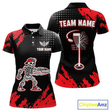 Load image into Gallery viewer, Skull Womens Disc Golf Polo Shirt Custom Name Black And Red Disc Golf Basket Personalized Golf Shirts NHN0049