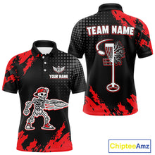 Load image into Gallery viewer, Skull Mens Disc Golf Polo Shirt Custom Name Black And Red Disc Golf Basket Personalized Golf Shirts NHN0049