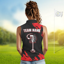 Load image into Gallery viewer, Skull Womens Sleeveless Disc Golf Polo Shirt Custom Name Black And Red Disc Golf Basket Golf Shirts NHN0049