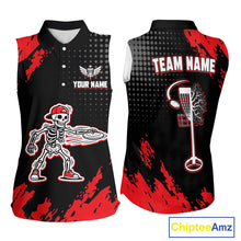 Load image into Gallery viewer, Skull Womens Sleeveless Disc Golf Polo Shirt Custom Name Black And Red Disc Golf Basket Golf Shirts NHN0049