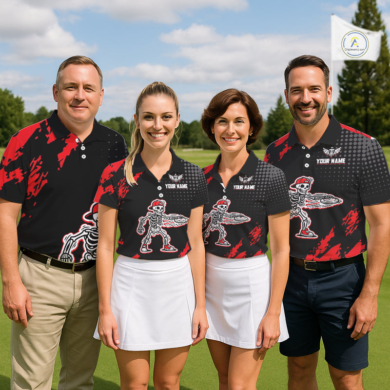 Skull Womens Disc Golf Polo Shirt Custom Name Black And Red Disc Golf Basket Personalized Golf Shirts NHN0049