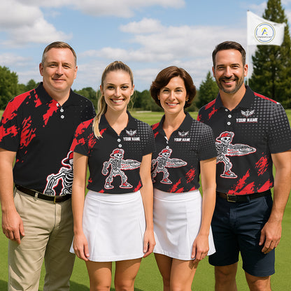 Skull Womens Disc Golf Polo Shirt Custom Name Black And Red Disc Golf Basket Personalized Golf Shirts NHN0049