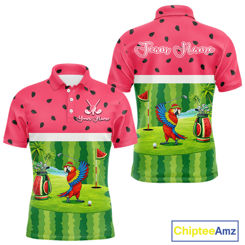 Funny Mens Golf Polo Shirt Custom Watermelon Tropical Pattern, Parrot Golf Shirts For Team NHN0183