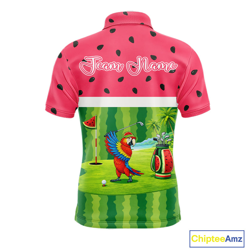 Funny Mens Golf Polo Shirt Custom Watermelon Tropical Pattern, Parrot Golf Shirts For Team NHN0183