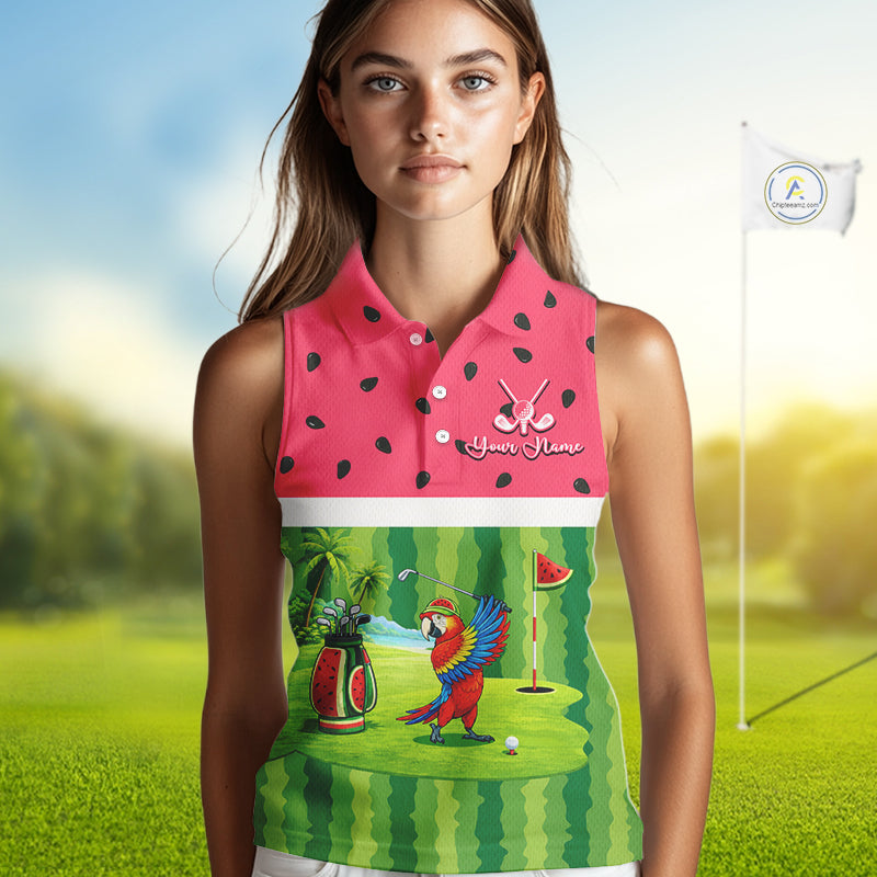 Funny Womens Sleeveless Golf Polo Shirt Custom Watermelon Tropical, Parrot Golf Shirts For Team NHN0183