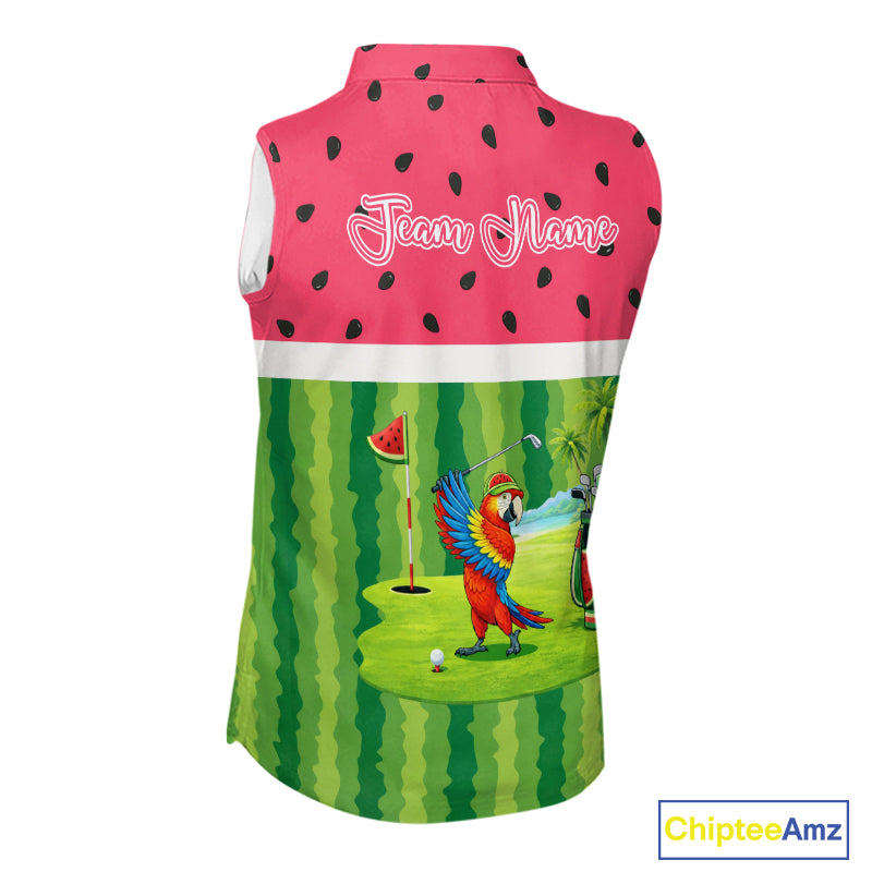Funny Womens Sleeveless Golf Polo Shirt Custom Watermelon Tropical, Parrot Golf Shirts For Team NHN0183