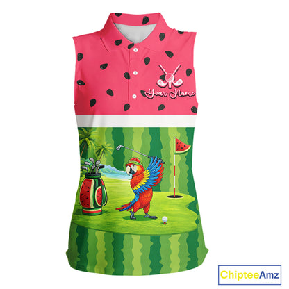 Funny Womens Sleeveless Golf Polo Shirt Custom Watermelon Tropical, Parrot Golf Shirts For Team NHN0183