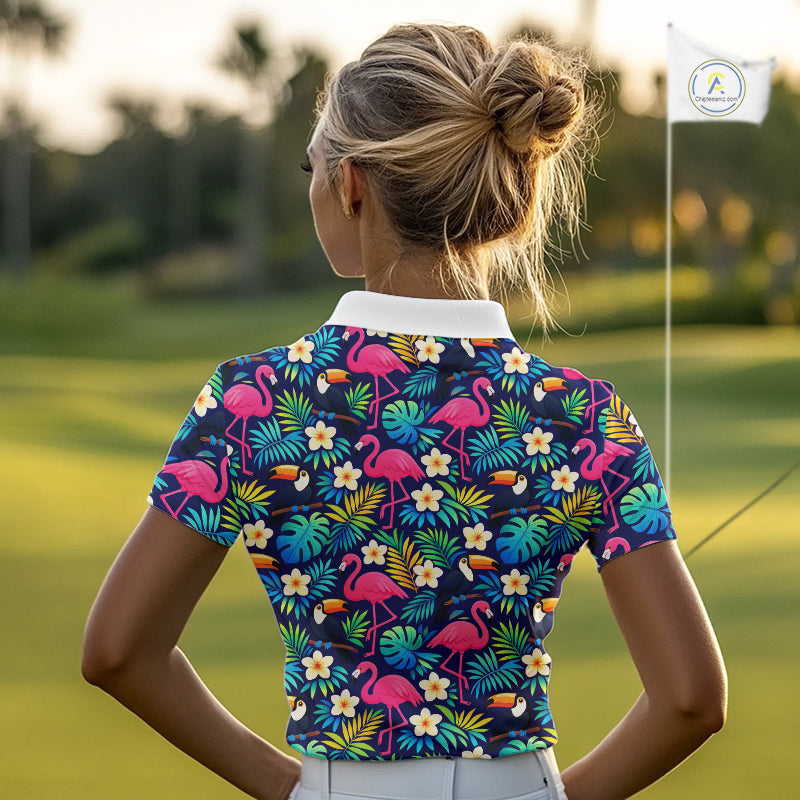 Womens Golf Polo Shirt Custom Toucan Tropical Pattern, Flamingo Golf Shirts For Ladies NHN0099