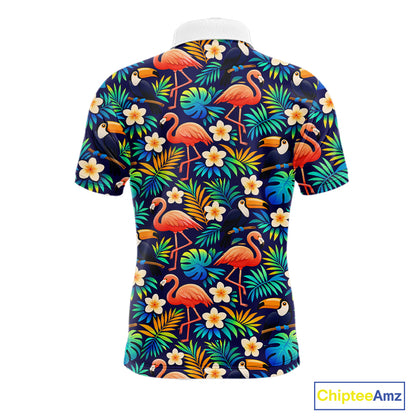 Funny Mens Golf Polo Shirt Custom Toucan Tropical Pattern, Flamingo Golf Shirts For Men NHN0099