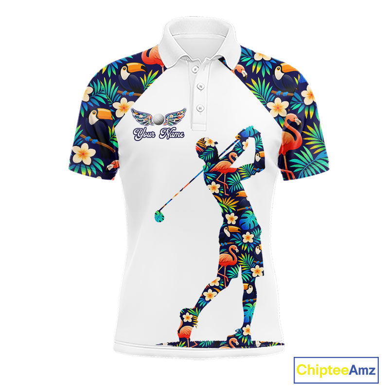 Funny Mens Golf Polo Shirt Custom Toucan Tropical Pattern, Flamingo Golf Shirts For Men NHN0099