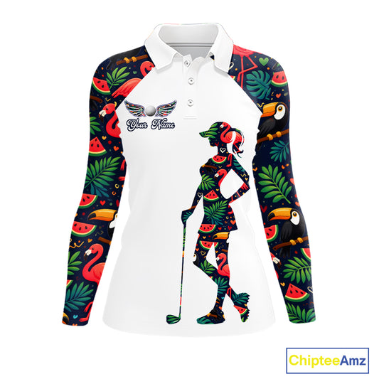 Funny Womens Long Sleeve Golf Polo Shirt Custom Floral Tropical Pattern, Flamingo Golf Shirts NHN0099